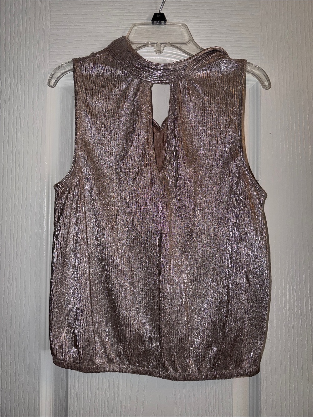 Express Metallic Sleeveless Mock Neck Cami in Shimmering Taupe